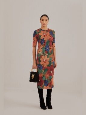 Farm Rio Stitched Flowers Black Midi Dress
